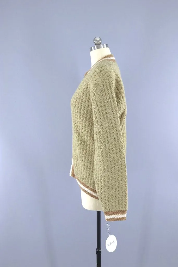 1960s Vintage Tan Wool Zip Front Cardigan Sweater