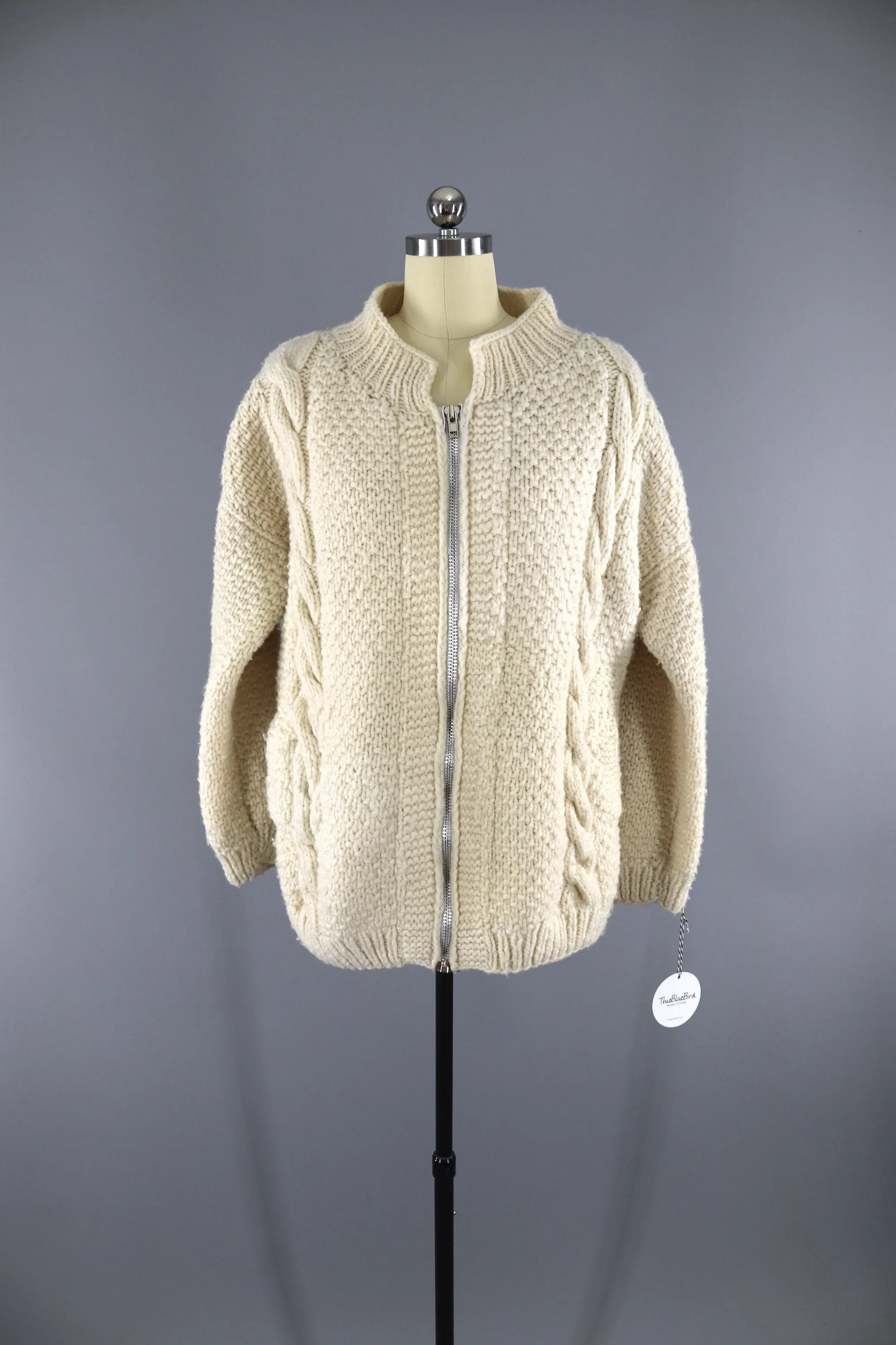 1970s Vintage Wool Cardigan Sweater / Ivory Zip Front / Native Hands