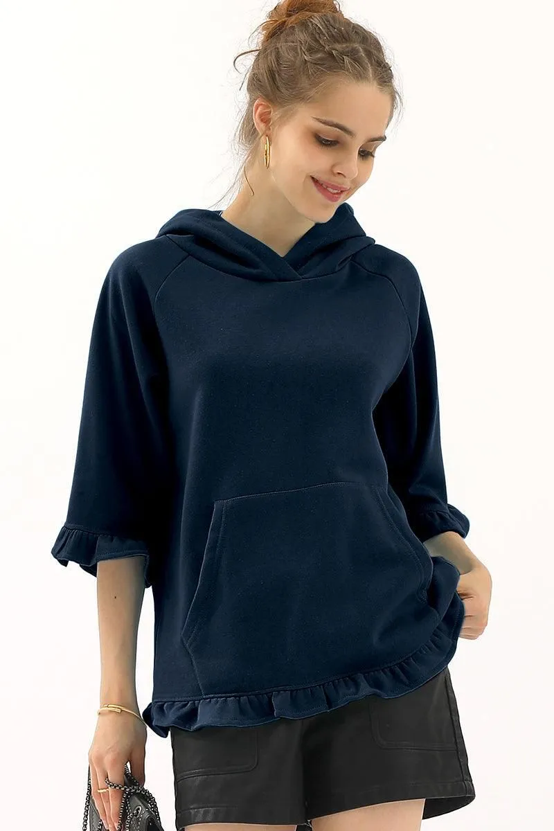 3/4 SLEEVE HOODIE SWEATSHIRT WITH KANGAROO POCKET