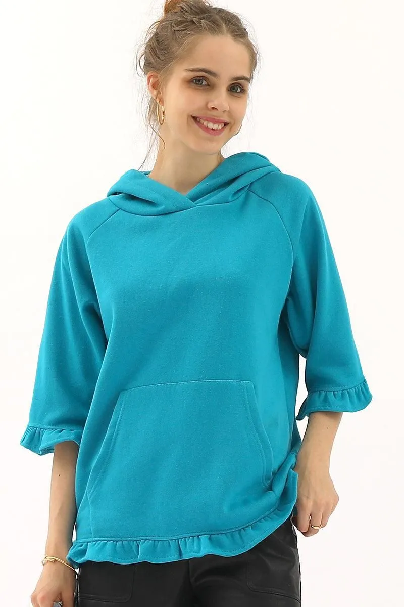 3/4 SLEEVE HOODIE SWEATSHIRT WITH KANGAROO POCKET