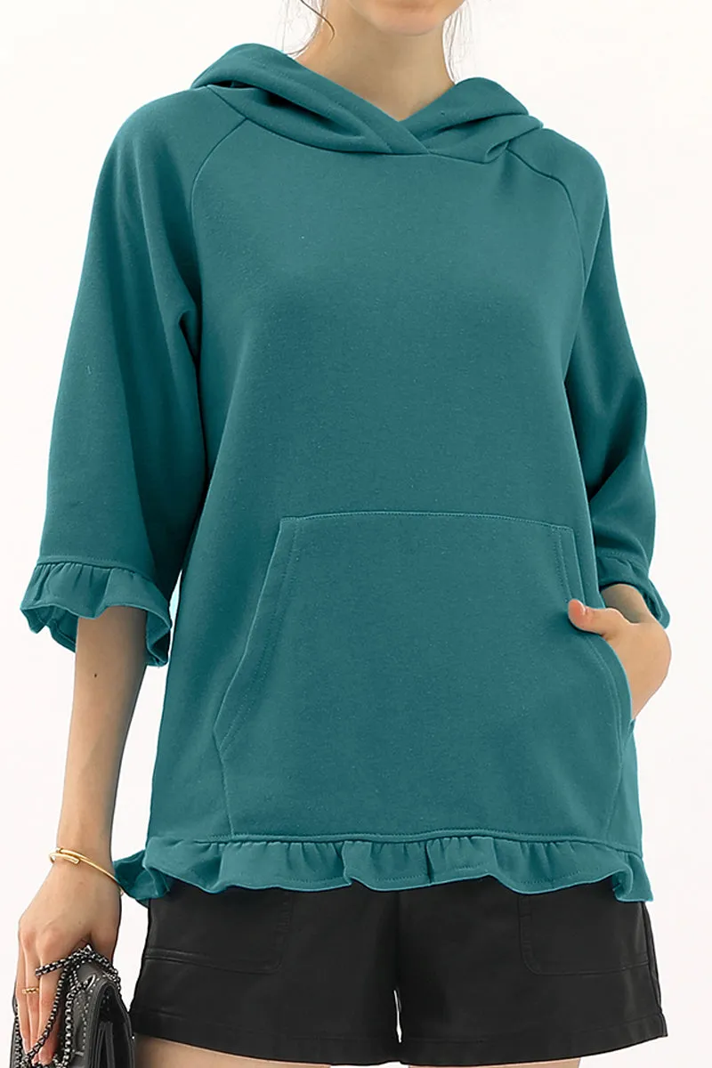 3/4 SLEEVE HOODIE SWEATSHIRT WITH KANGAROO POCKET