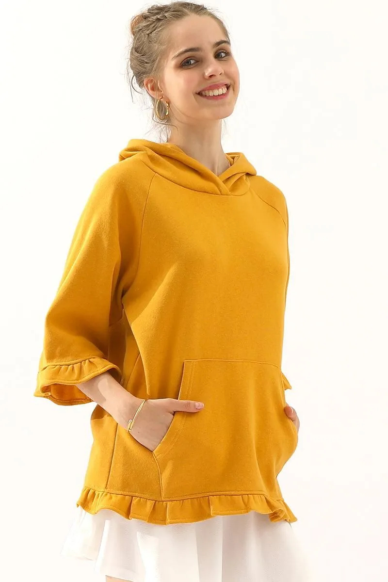 3/4 SLEEVE HOODIE SWEATSHIRT WITH KANGAROO POCKET