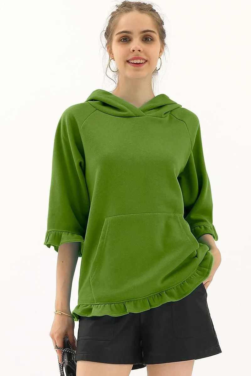 3/4 SLEEVE HOODIE SWEATSHIRT WITH KANGAROO POCKET