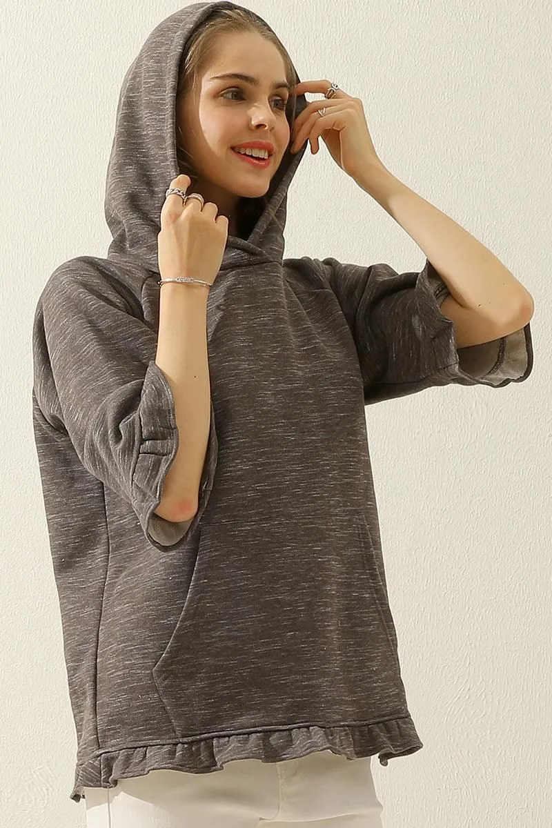 3/4 SLEEVE HOODIE SWEATSHIRT WITH KANGAROO POCKET