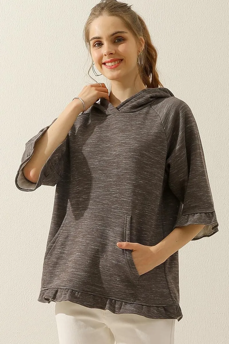 3/4 SLEEVE HOODIE SWEATSHIRT WITH KANGAROO POCKET