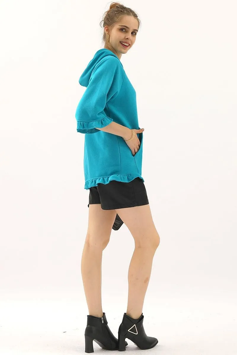 3/4 SLEEVE HOODIE SWEATSHIRT WITH KANGAROO POCKET