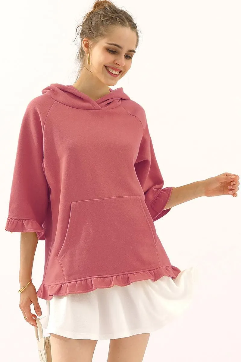 3/4 SLEEVE HOODIE SWEATSHIRT WITH KANGAROO POCKET