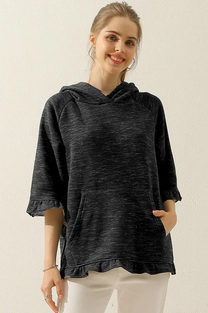 3/4 SLEEVE HOODIE SWEATSHIRT WITH KANGAROO POCKET