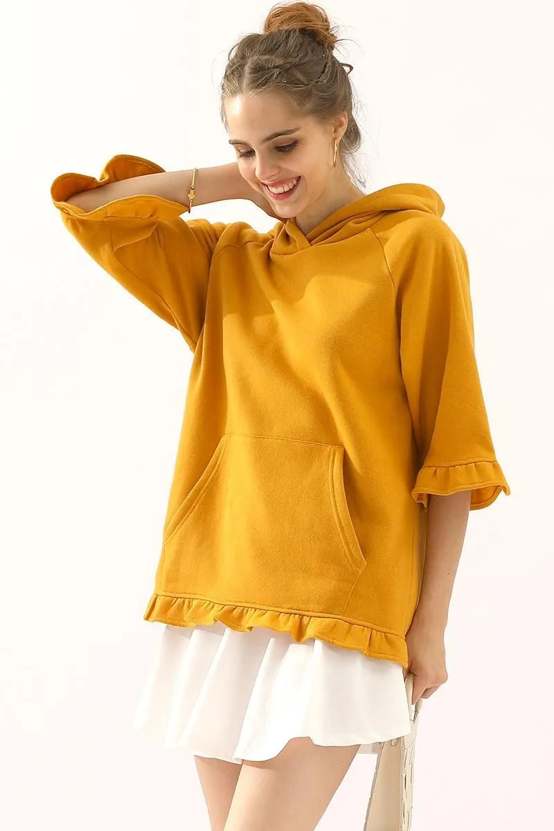 3/4 SLEEVE HOODIE SWEATSHIRT WITH KANGAROO POCKET