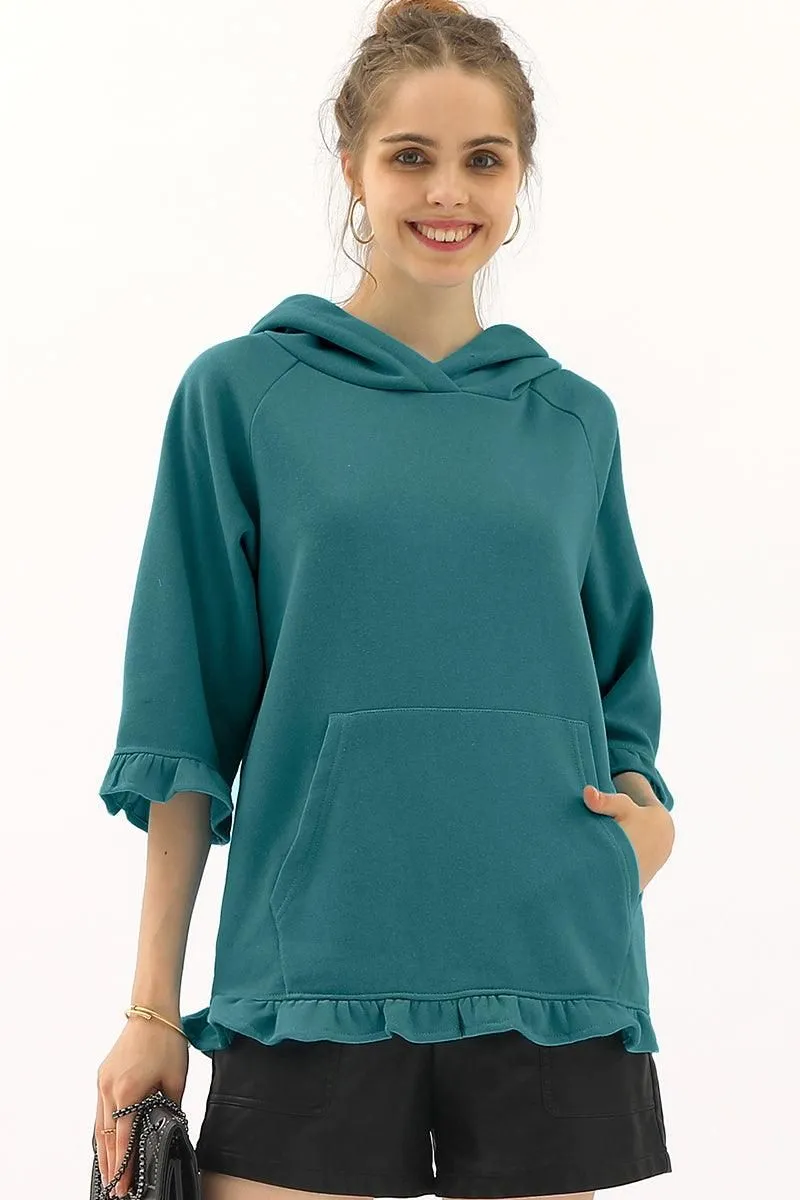 3/4 SLEEVE HOODIE SWEATSHIRT WITH KANGAROO POCKET