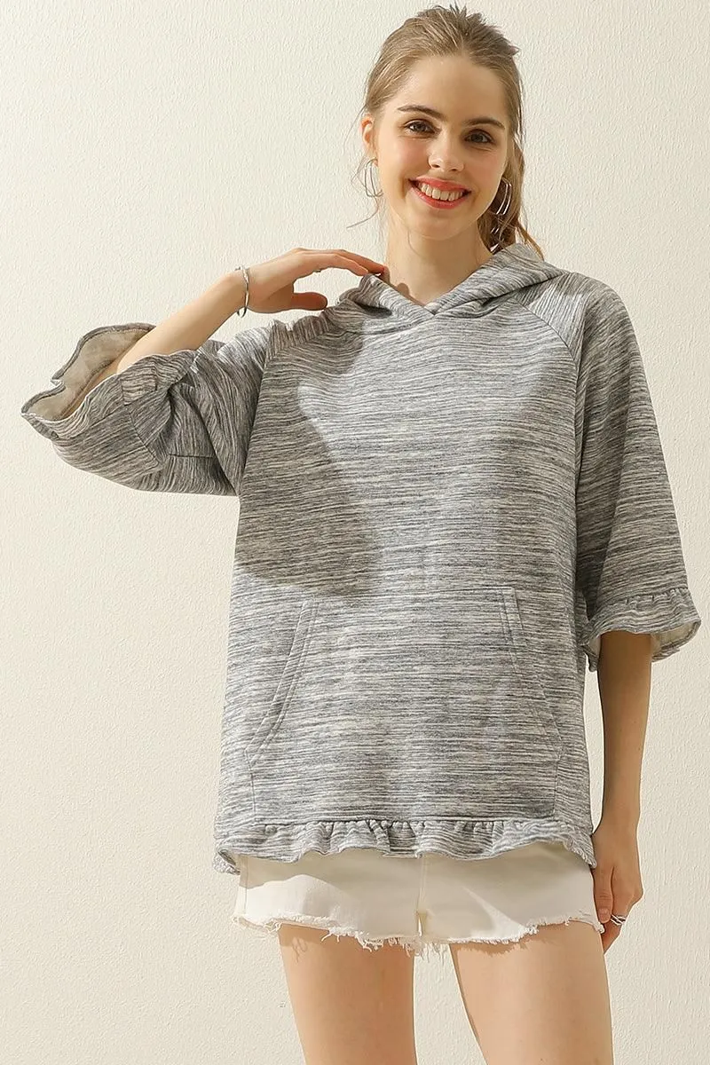 3/4 SLEEVE HOODIE SWEATSHIRT WITH KANGAROO POCKET