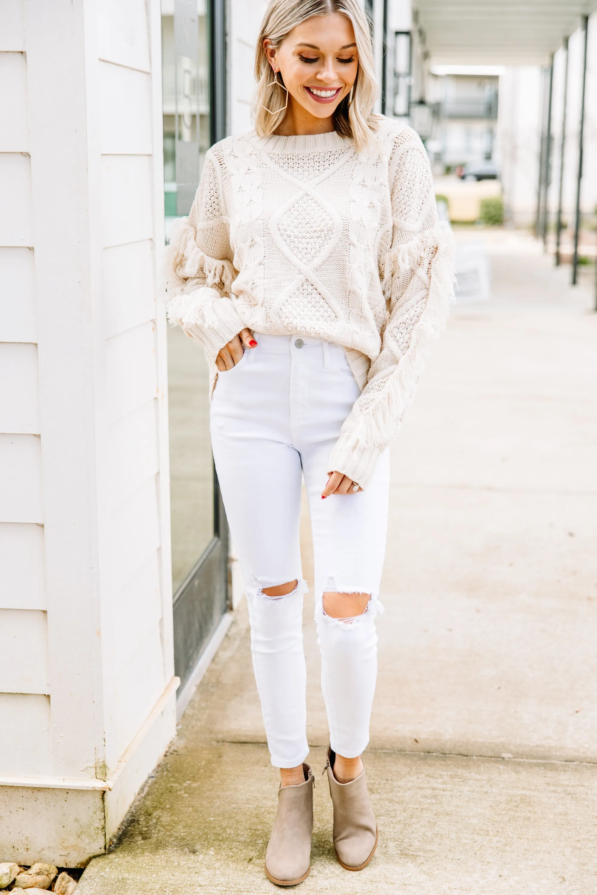 All Or Nothing Cream White Fringe Sweater