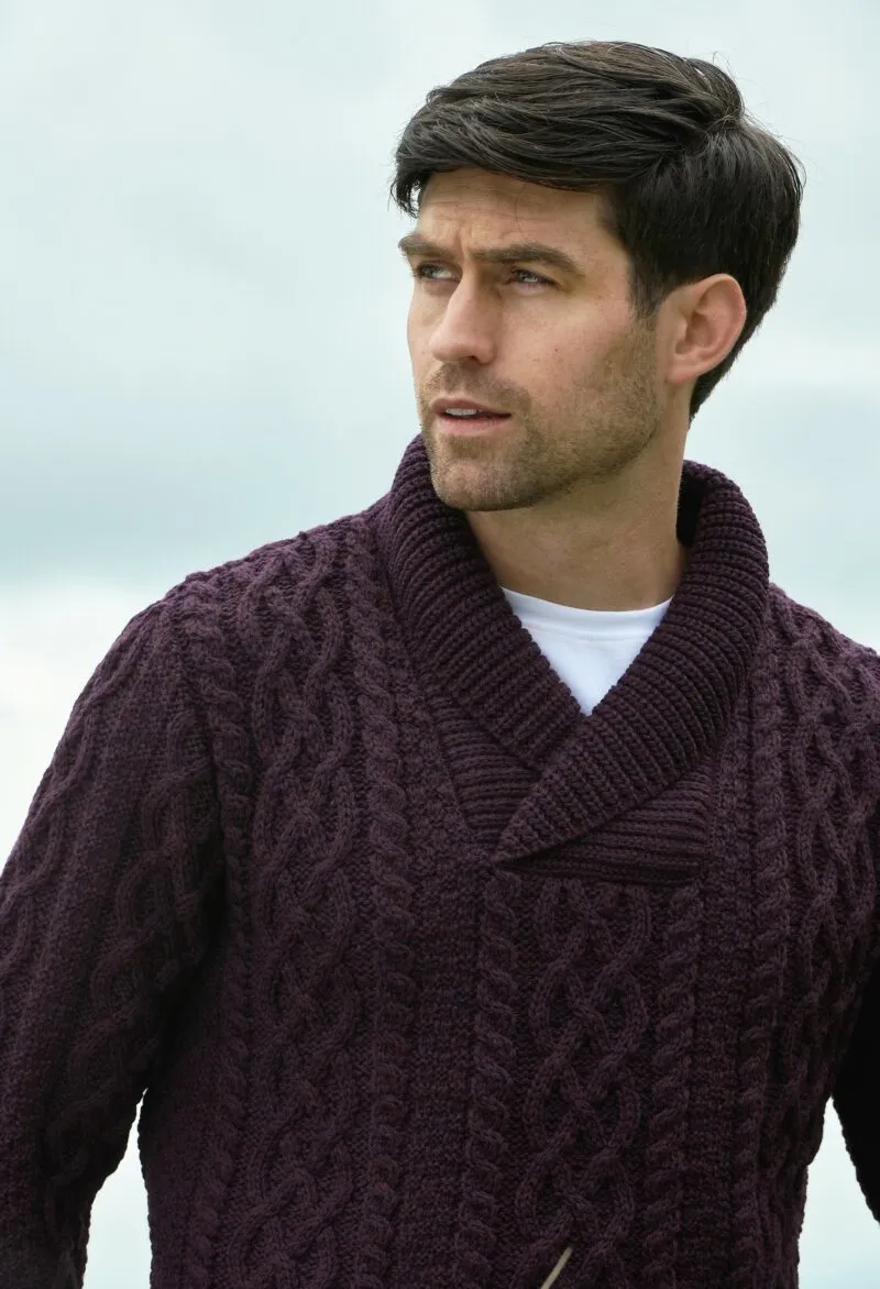 Aran Bunratty Shawl Collar Sweater | Damson