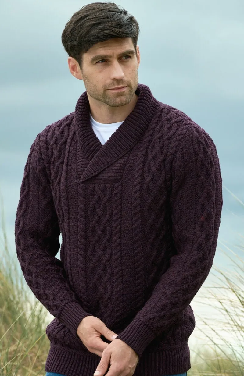 Aran Bunratty Shawl Collar Sweater | Damson