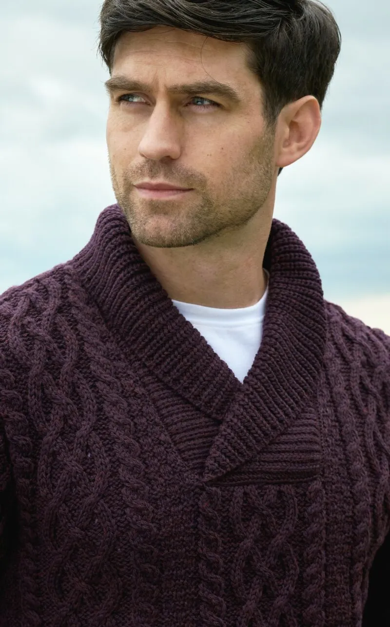 Aran Bunratty Shawl Collar Sweater | Damson