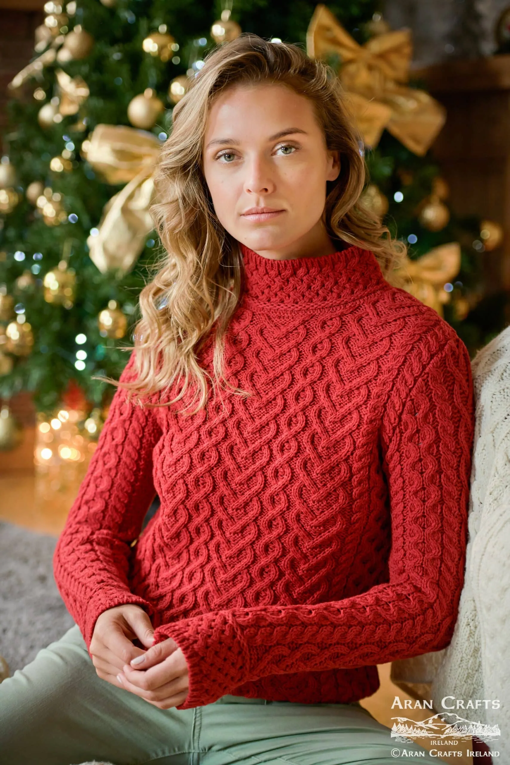 Aran Crafts Hearts High Neck Sweater | Red