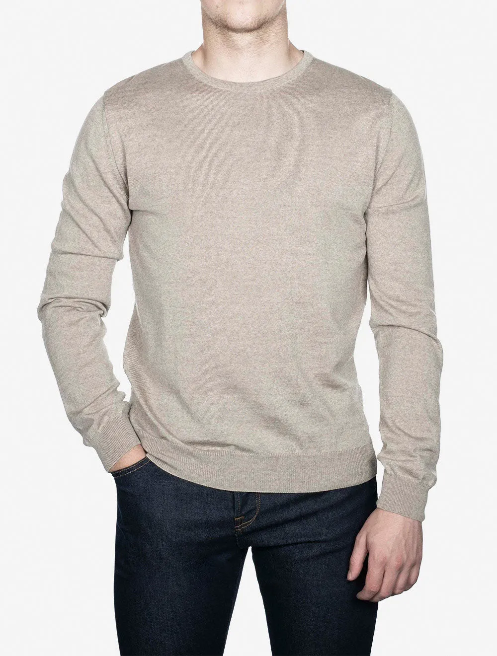 Beige Crew Neck with Patch Merino Wool Jumper