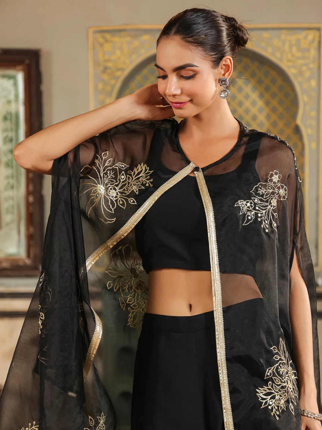 Black Georgette Zari Embroidered Crop Top With Pant & Cape Set