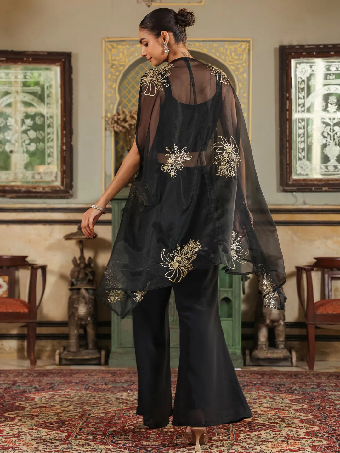 Black Georgette Zari Embroidered Crop Top With Pant & Cape Set