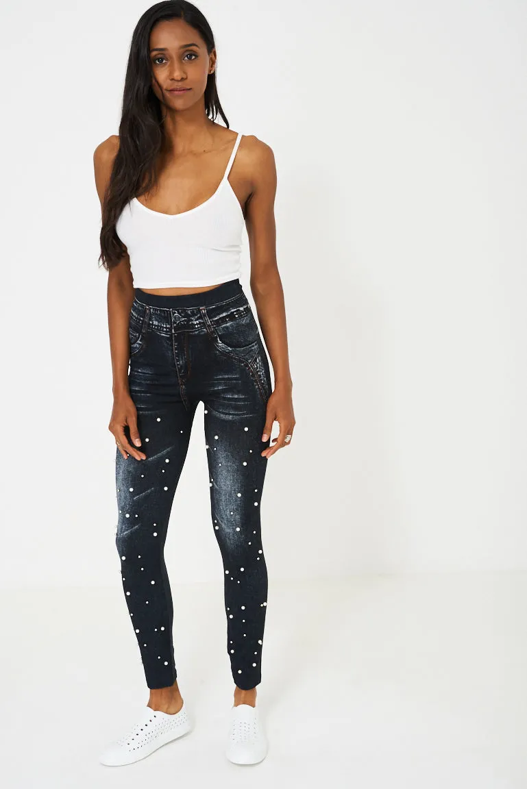 Black Pearl Beaded Denim Look Leggings