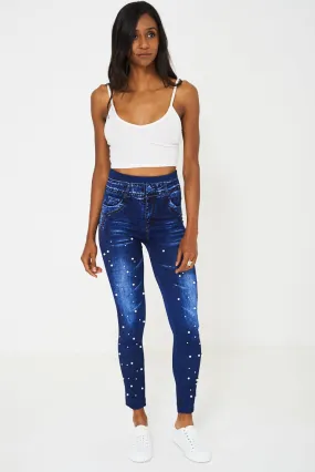 Blue Pearl Beaded Denim Look Leggings