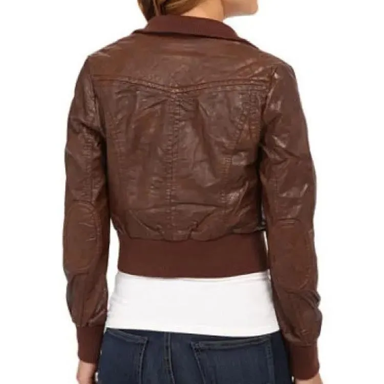 Brown Leather Bomber Jacket For Women