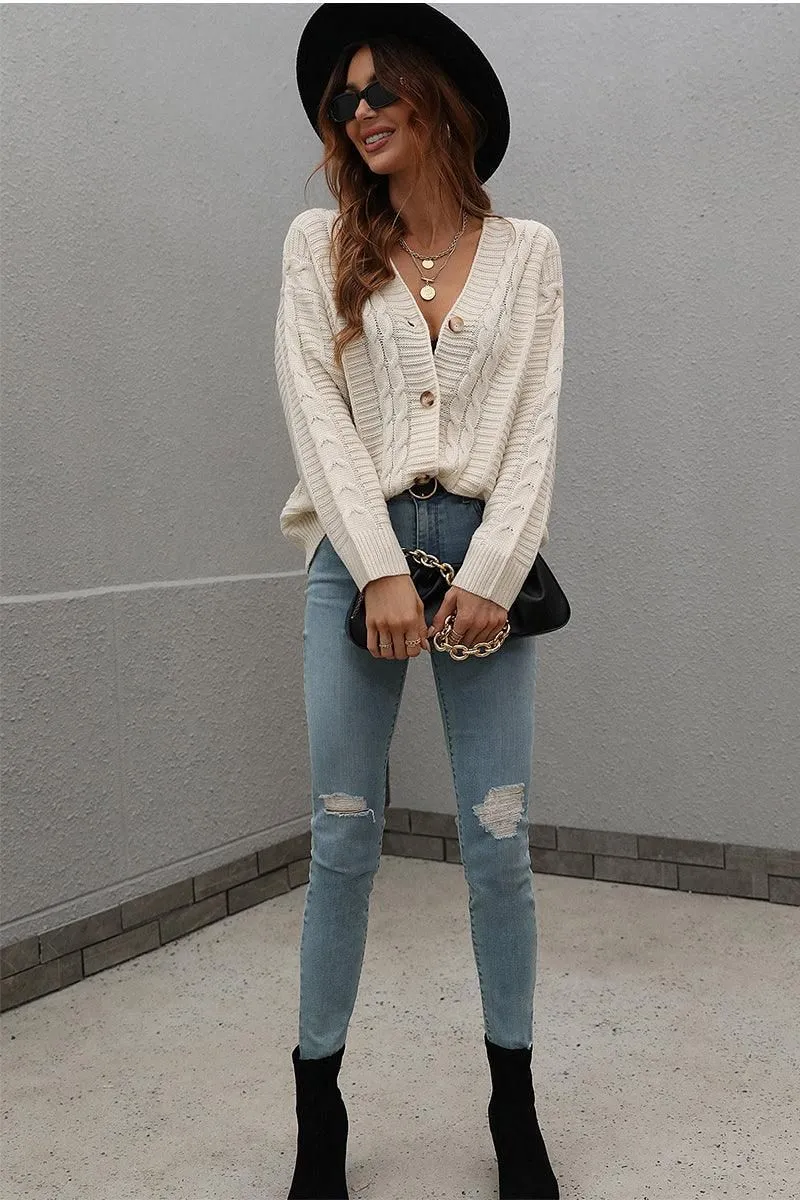 BUTTON DOWN CABLE KNIT CASUAL CARDIGAN