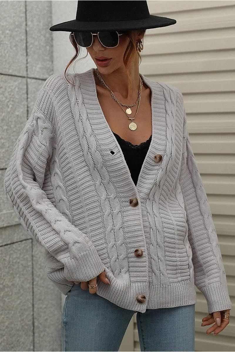 BUTTON DOWN CABLE KNIT CASUAL CARDIGAN