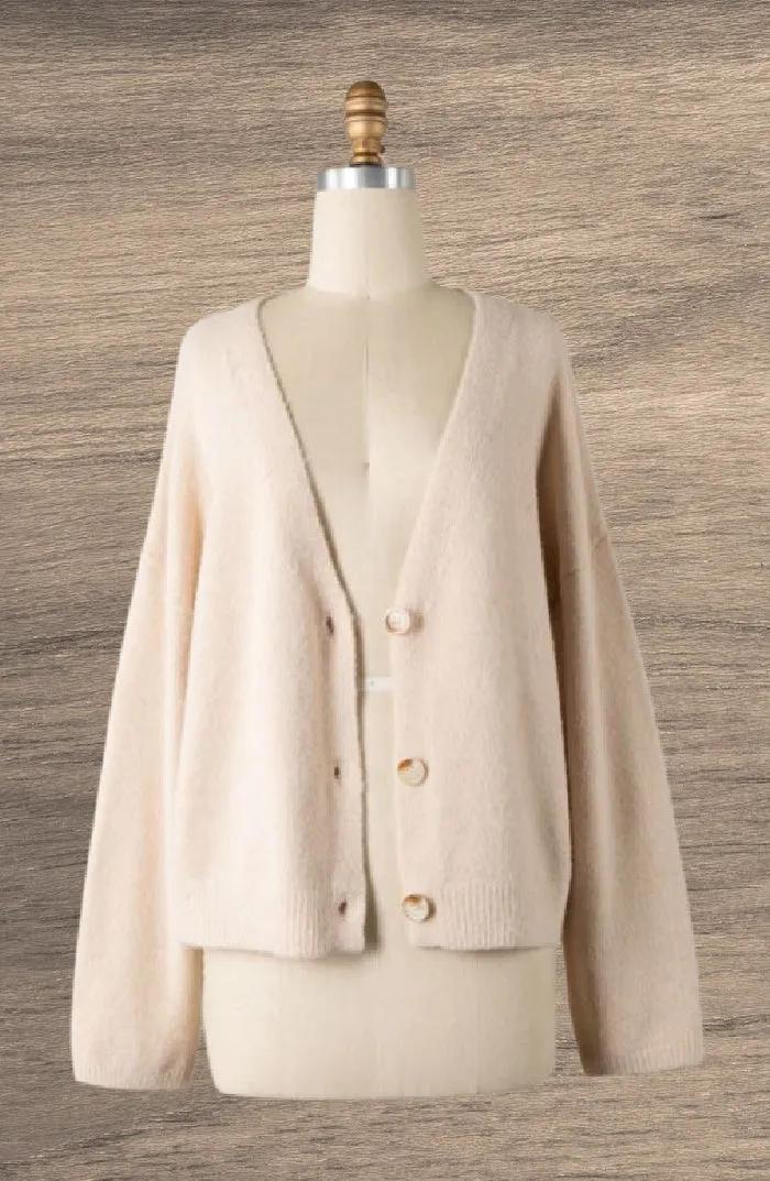 Buttons Front Plush Knit Cardigan | Beige, Heather Ivory