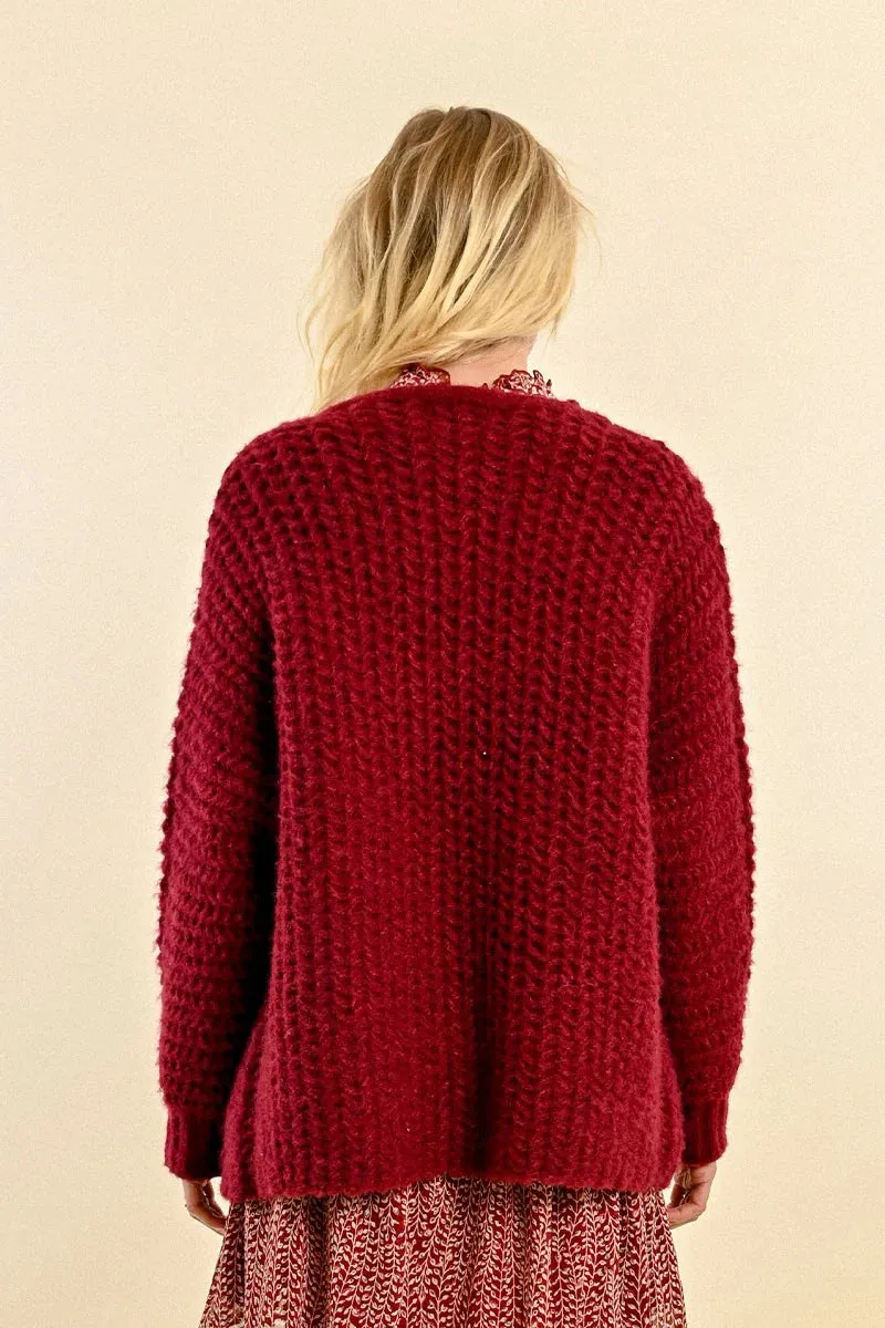 Cable Cardigan - Dark Red