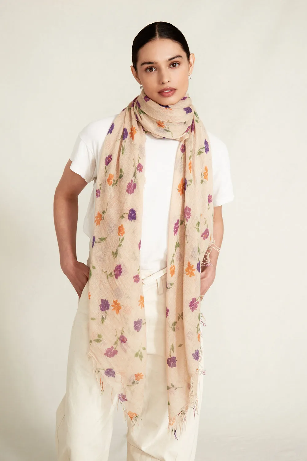 Cashmere and Silk Scarf Cream Valentina Floral