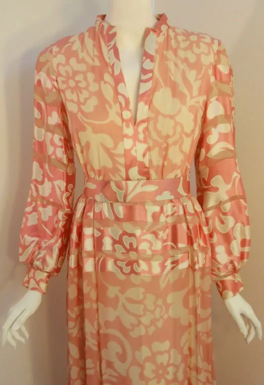 CEIL CHAPMAN 1960s Pink and White Silk Chiffon Gown Size 6