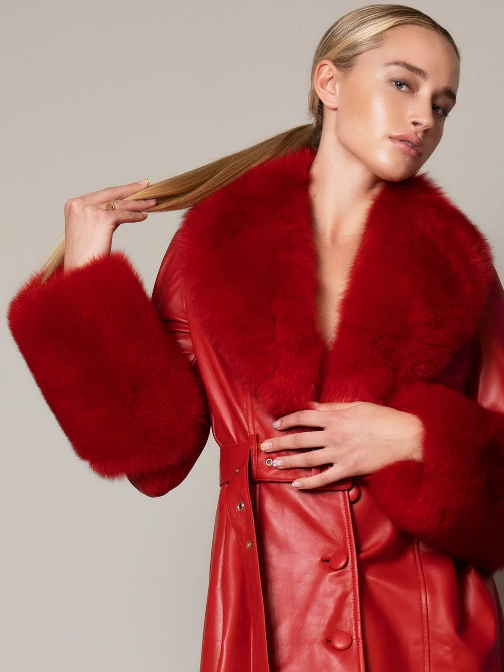 CHERRY Faux Fur Genuine Leather Coat