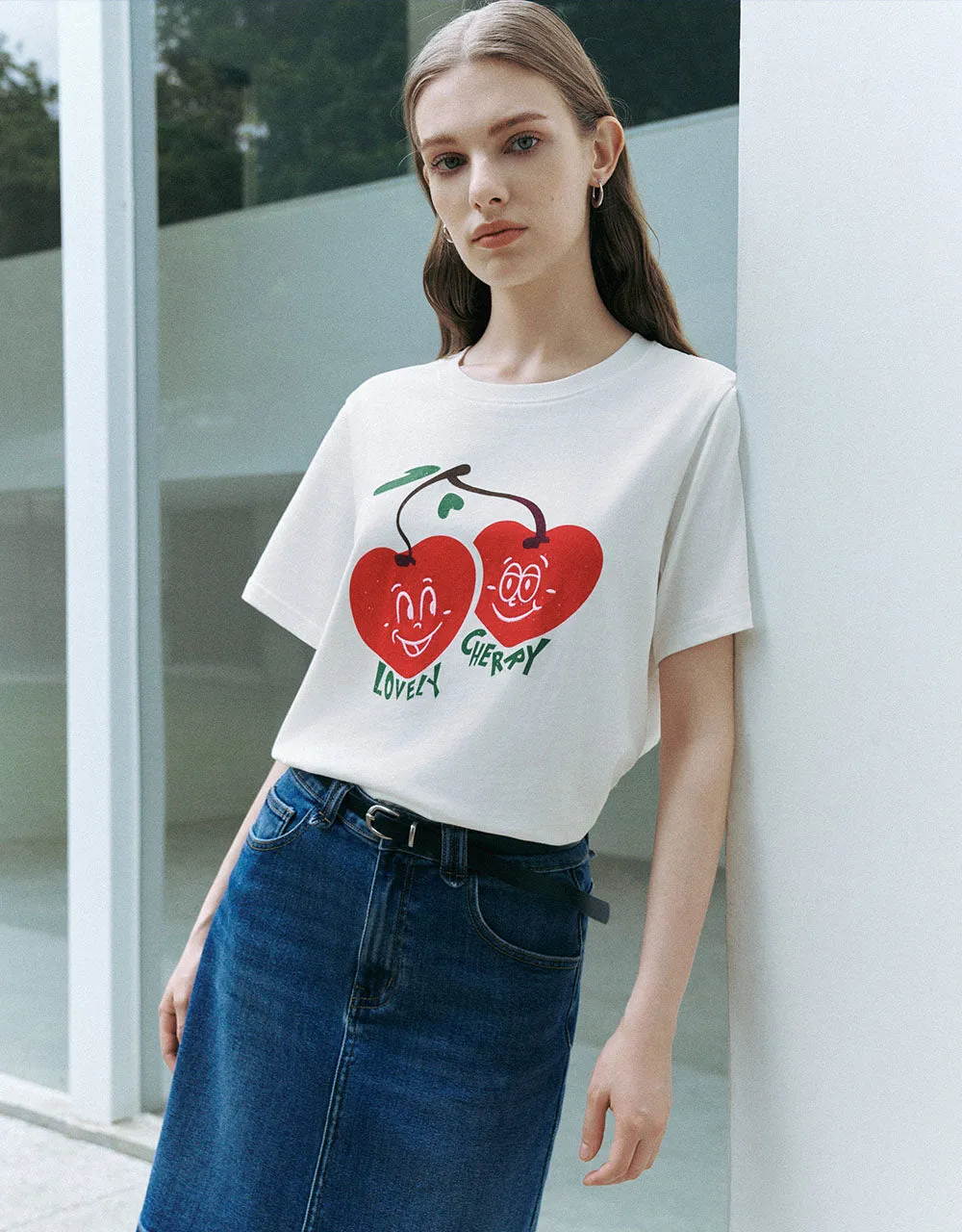 Cherry Printed Crew Neck Straight T-Shirt