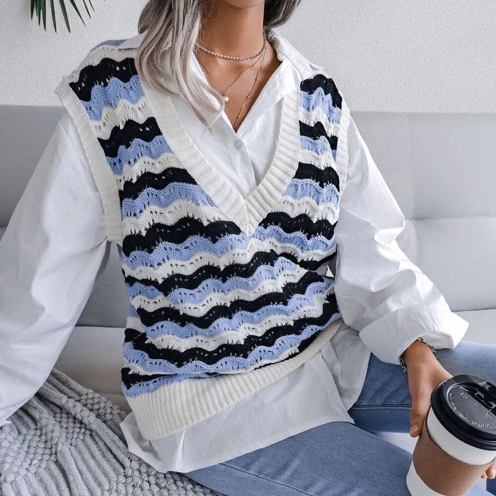 Chic Contrast Scalloped Stripe Pattern V Neck Pointelle Knit Sweater Vest