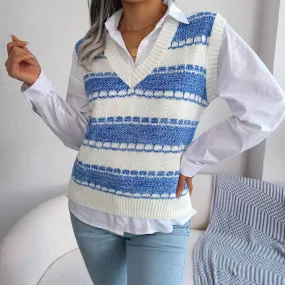 Chic Contrast Striped Pattern V Neck Marled Knit Sweater Vest