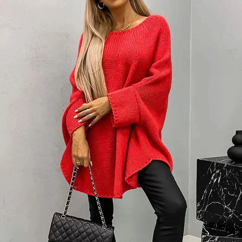 Chic Solid Round Neck Batwing Sleeve Oversized Knit Cocoon Poncho Sweater