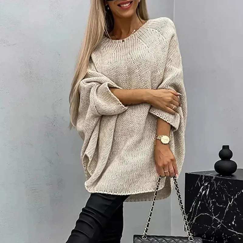 Chic Solid Round Neck Batwing Sleeve Oversized Knit Cocoon Poncho Sweater