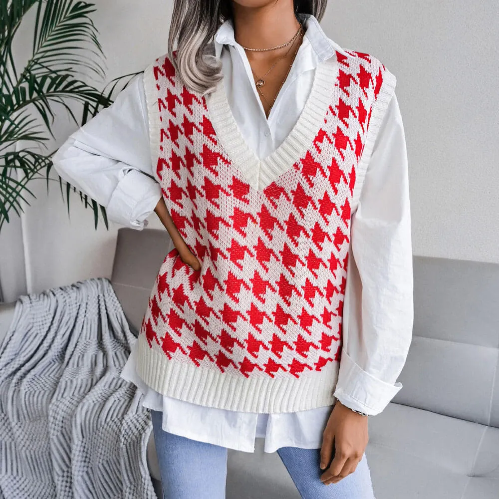 Classic Houndstooth Jacquard Knit V Neck Pullover Sweater Vest