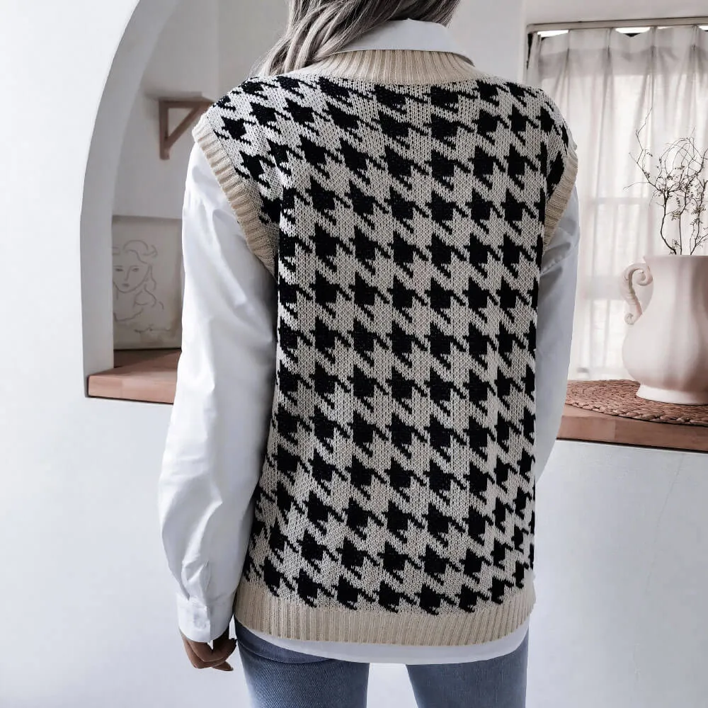 Classic Houndstooth Jacquard Knit V Neck Pullover Sweater Vest