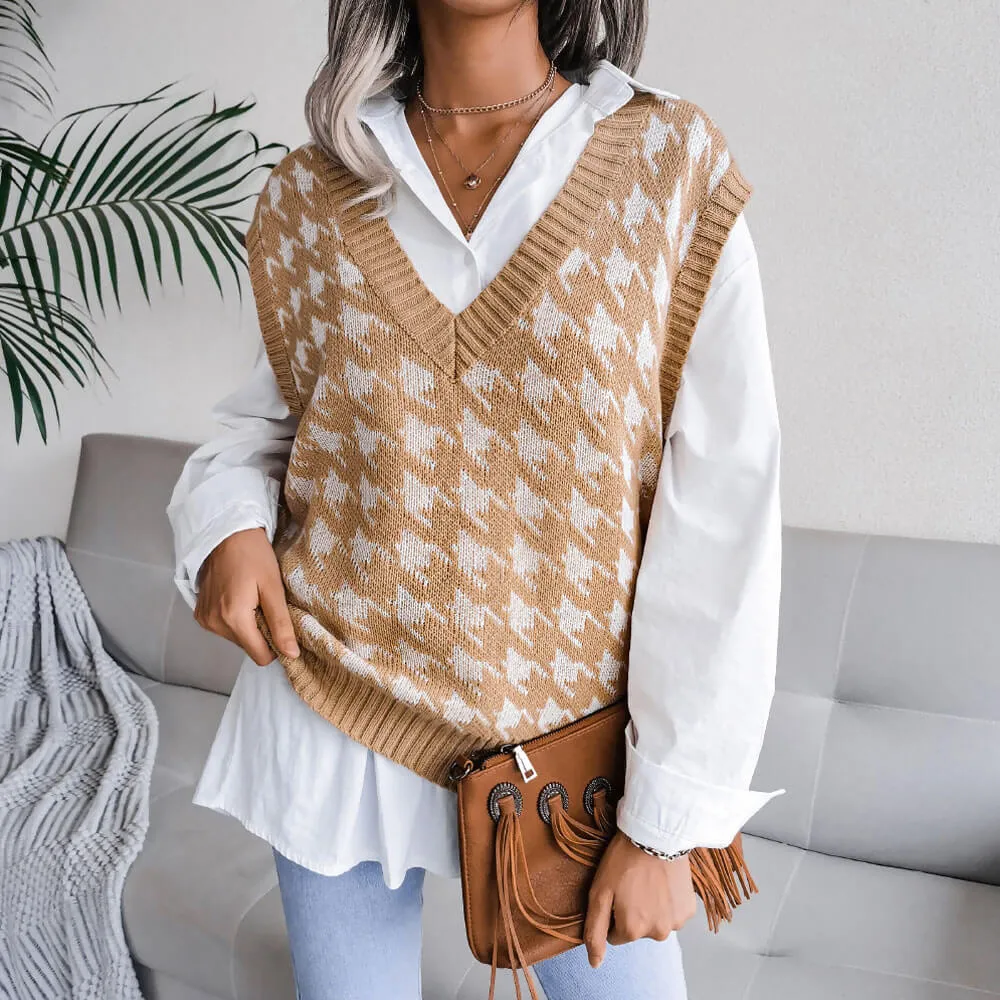 Classic Houndstooth Jacquard Knit V Neck Pullover Sweater Vest