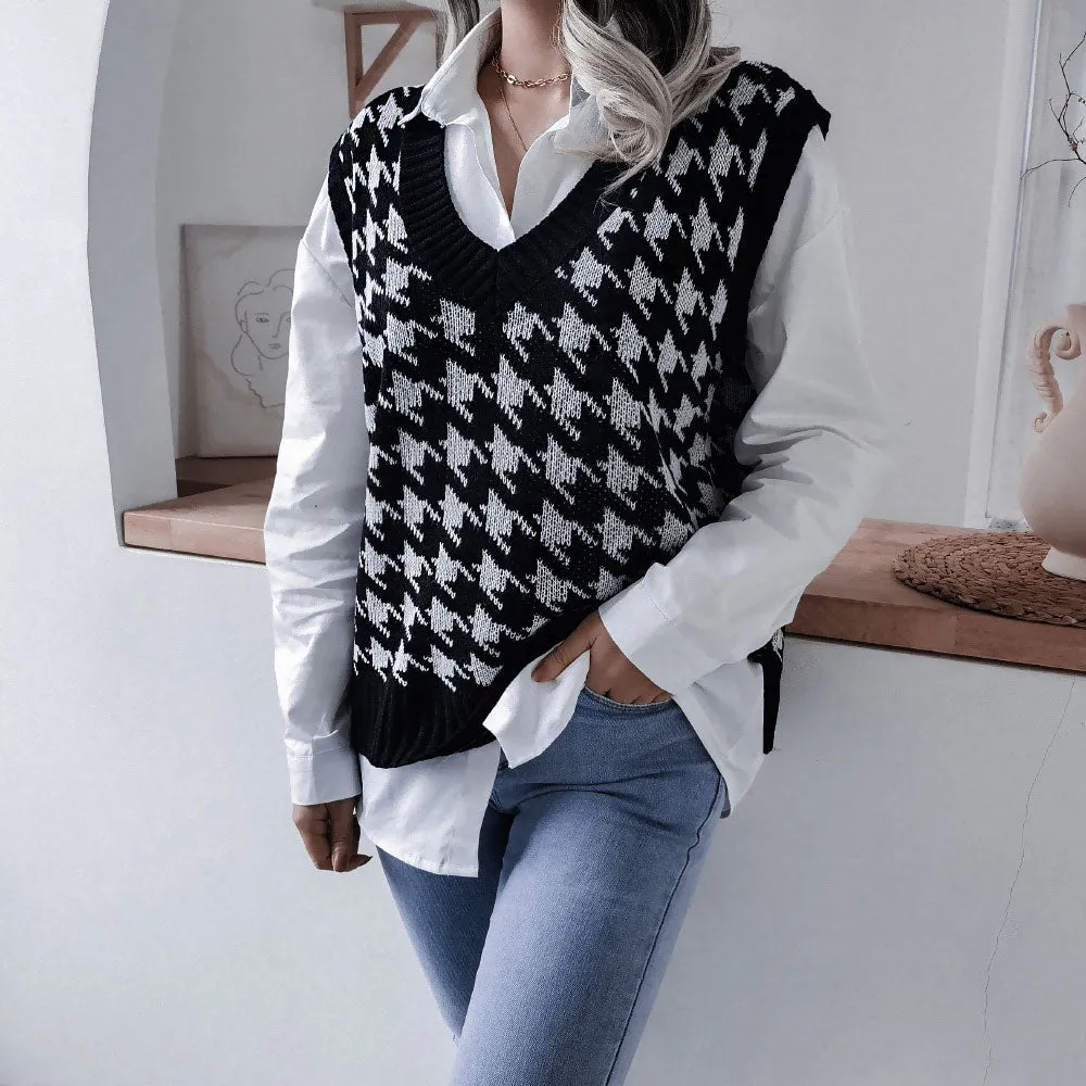 Classic Houndstooth Jacquard Knit V Neck Pullover Sweater Vest