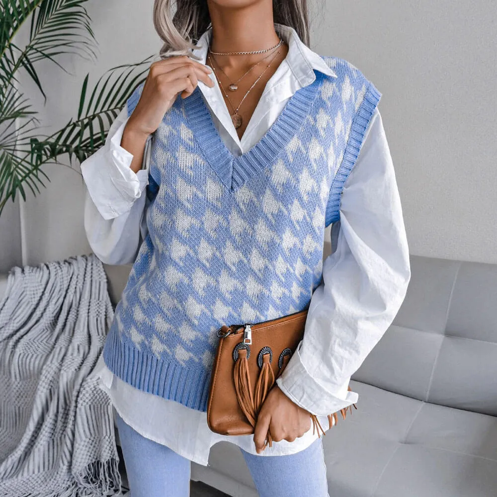 Classic Houndstooth Jacquard Knit V Neck Pullover Sweater Vest