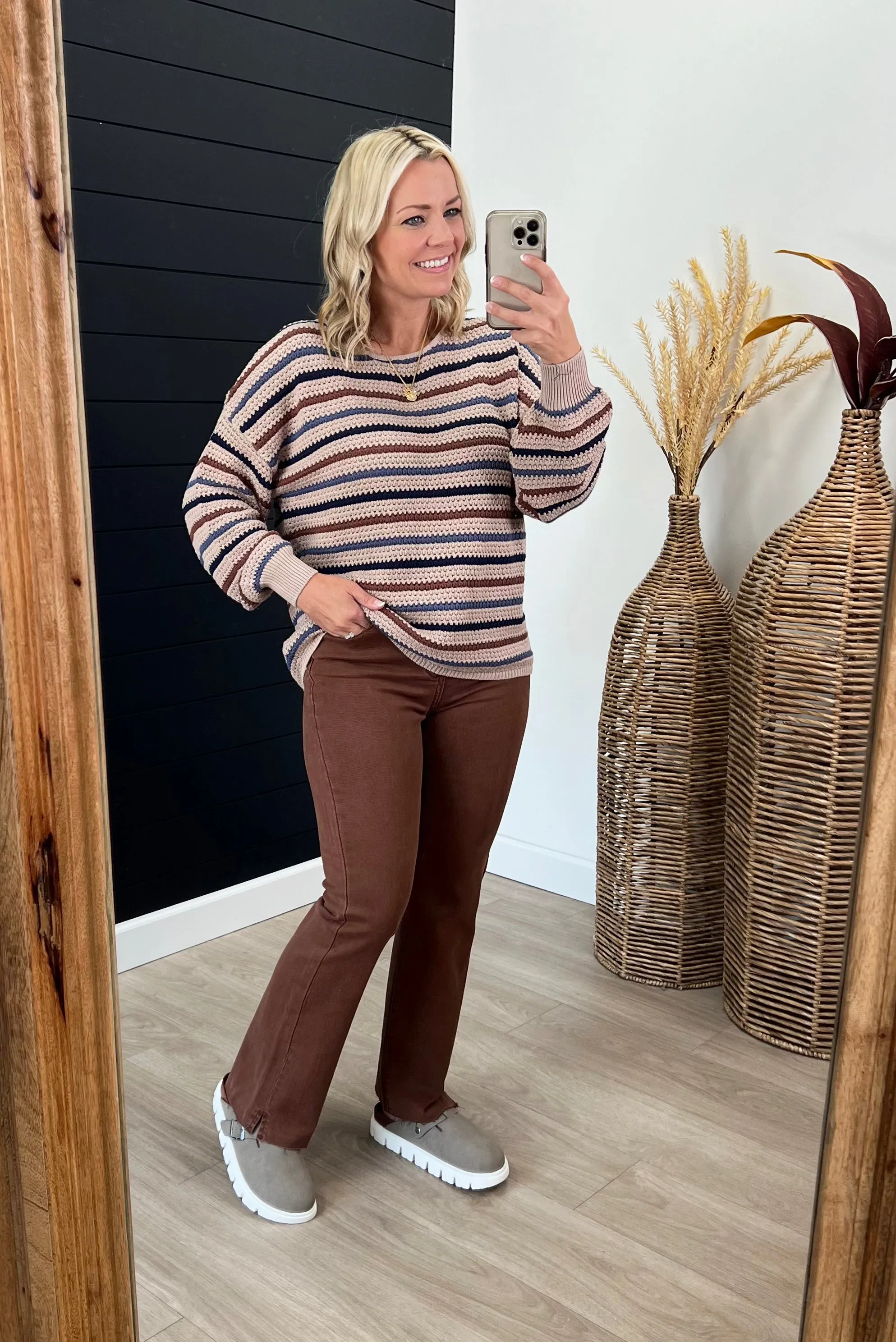 Coffee Striped Knit Pullover