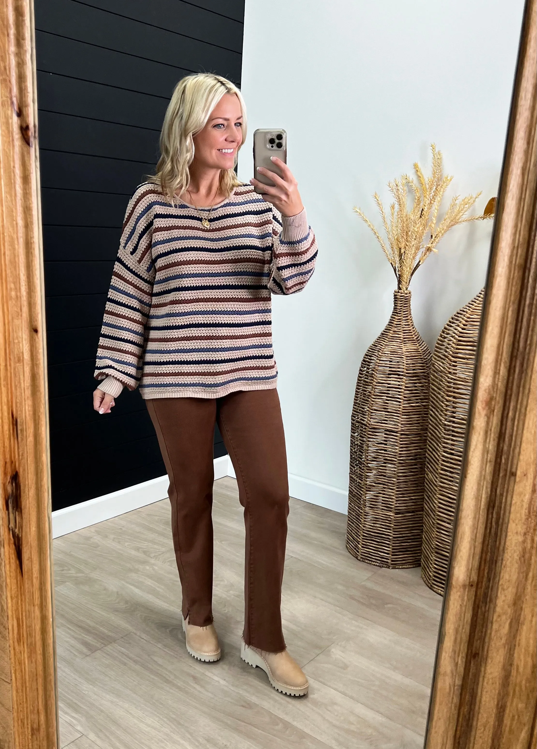 Coffee Striped Knit Pullover