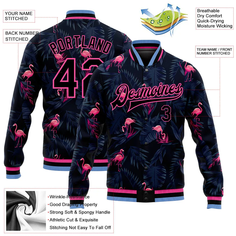 Custom Black Black Pink-Light Blue Hawaii Palm Trees And Flamingo 3D Bomber Full-Snap Varsity Letterman Jacket