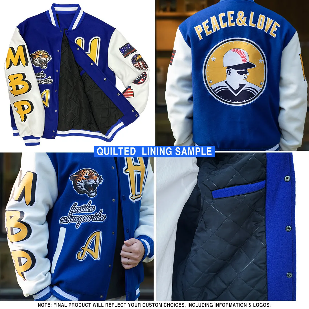 Custom Black Black Powder Blue-Orange Bomber Full-Snap Varsity Letterman Jacket