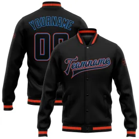 Custom Black Black Powder Blue-Orange Bomber Full-Snap Varsity Letterman Jacket