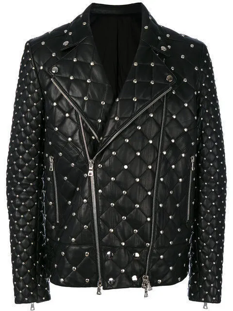 Customized Silver Studded Fashion Leather Jacket Men