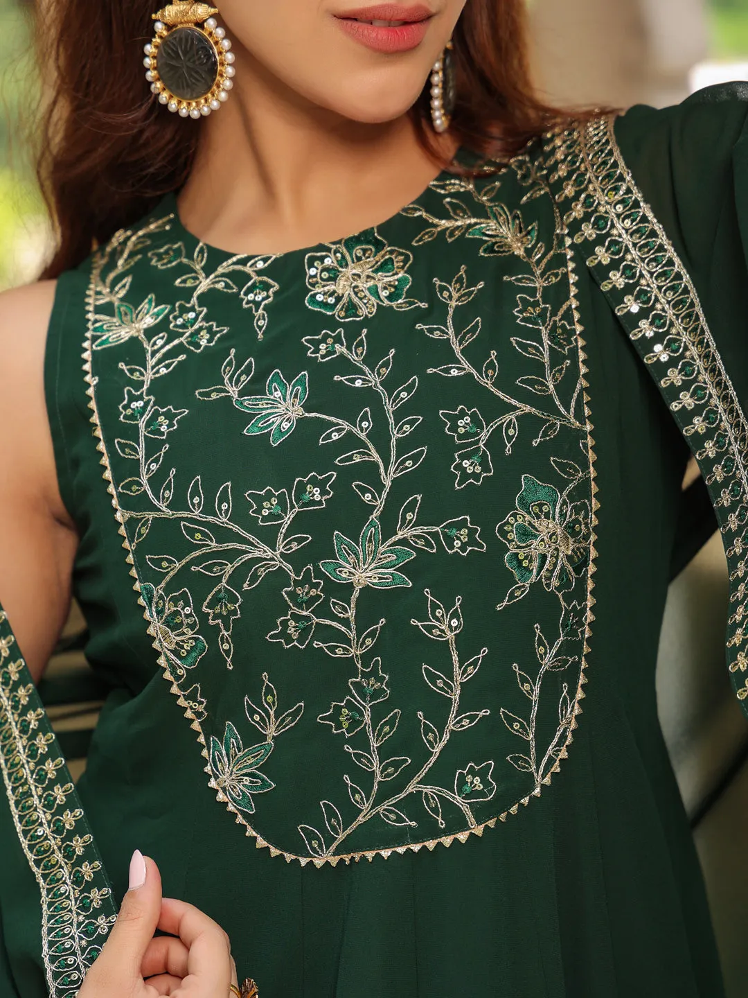 Dark Green Georgette Embroidered Anarkali Dress With Cape